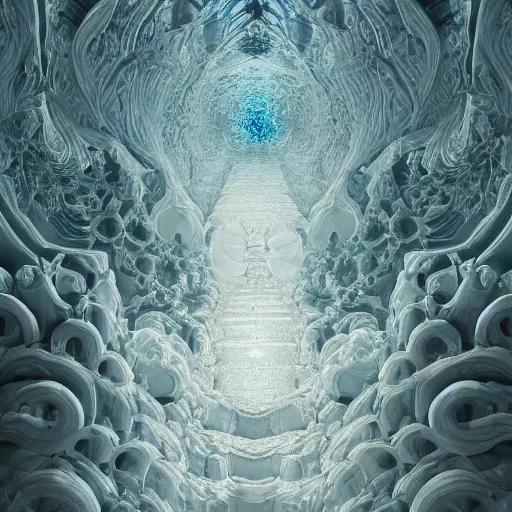 Image similar to a beautiful 3 d painting of a huge sprawling fractal cathedral interior populated by mandelbrot fractals by android jones, unreal engine, carved stone, carved soap, white color scheme, volumetric lighting, octane render, dramatic lighting, glowing, carved marble, opalescent, sacred geometry, religious, angelic, catholicpunk, stark, trending on artstation