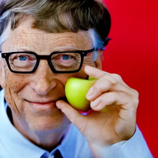 Image similar to bill gates eating an apple, face closeup