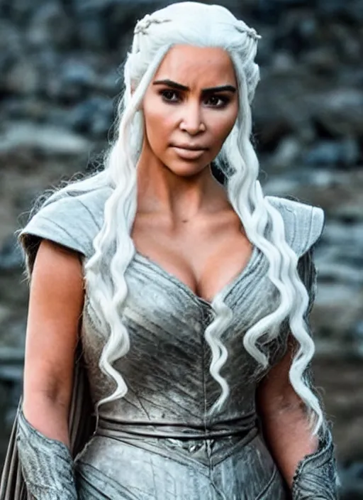 Image similar to film still of beautiful beautiful kim kardashian as daenerys targaryen in game of thrones.