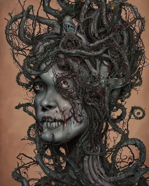 Prompt: centered horrific detailed side view profile portrait of a insane, crazed, mad zombie woman, ornate tentacles growing around, vines and thorns ornamentation, thorns, vines, tentacles, elegant, beautifully soft lit, full frame, by wayne barlowe, peter mohrbacher, kelly mckernan, h r giger