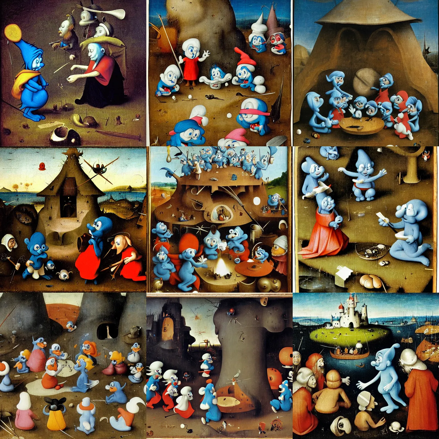 Prompt: the smurfs cartoon by hieronymus bosch