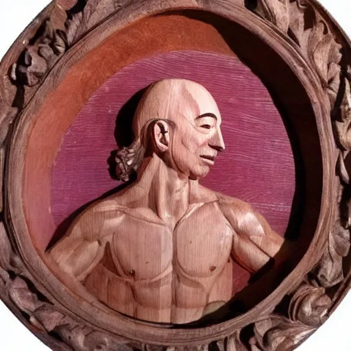 Image similar to 1 8 th century wooden carving of jeff bezos bathing in beans, dark pink, extremely detailed