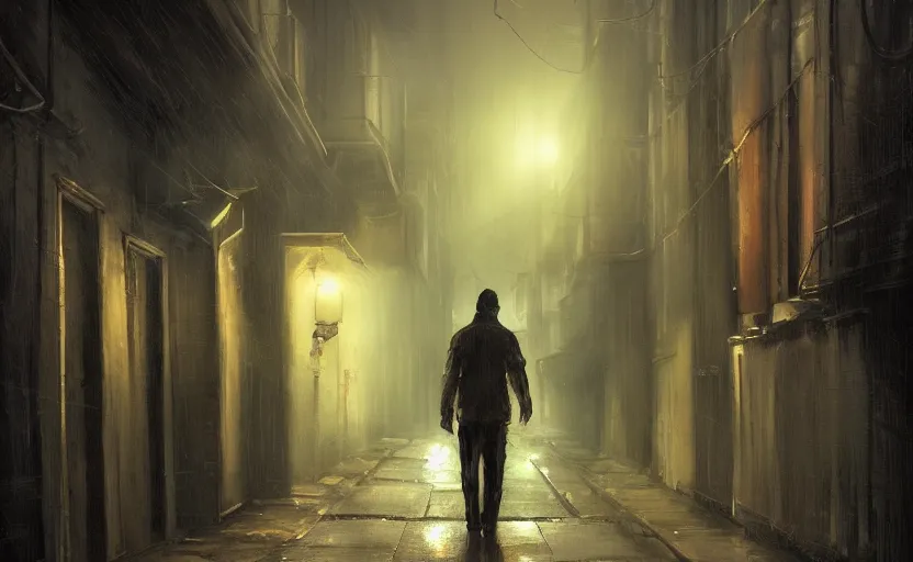 Image similar to dim lit, dark alley street with a man walking, depth of field, very atmospheric, painting inspired from artstation