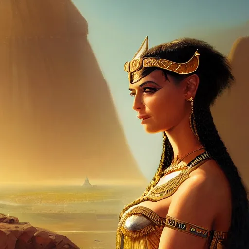 Image similar to closeup portrait of a young mia kunis as cleopatra, palace background, dramatic light, gorgeous view, depth, high detail, digital art, painted by greg rutkowski, trending on artstation