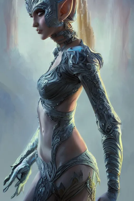 Image similar to three-quarters pose of a beautiful woman, slim body, shining armor, elf warrior, fantasy, intricate, elegant, highly detailed, digital painting, artstation, concept art, matte, sharp focus, illustration, art by Artgerm and Peter Andrew Jones