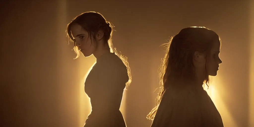 Image similar to Film still of Emma Watson as Hermione Granger. Silhouette. Shadowed. Halo. Ring of light. 35mm lens. Backlit. Angelic. Beautiful. William Adolphe Bouguereau. Henriette Browne.