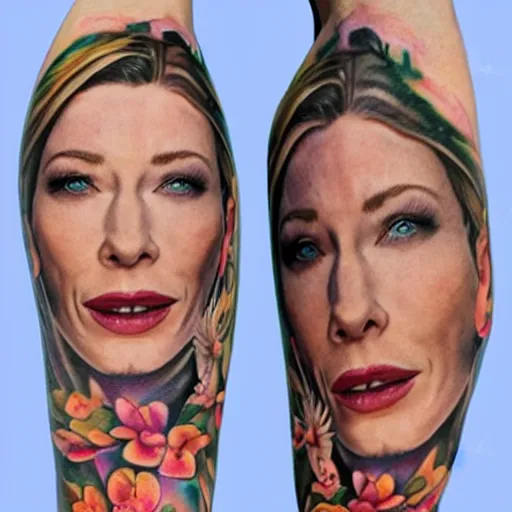 Image similar to full body tattooed cate blanchett, highly detailed, photorealistic, 4k