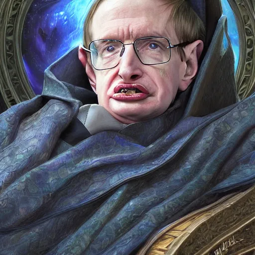 Image similar to Stephen Hawking as a fantasy D&D wizard, portrait art by Donato Giancola and James Gurney, digital art, trending on artstation