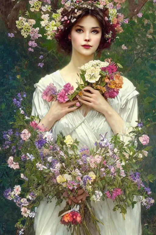 Image similar to portrait of a beautiful mysterious woman holding a bouquet of flowing flowers, hands hidden under the bouquet, fantasy, regal, intricate, by stanley artgerm lau, greg rutkowski, thomas kindkade, alphonse mucha, loish, norman rockwell