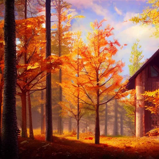 Image similar to cabin in an autumn forest, artstation