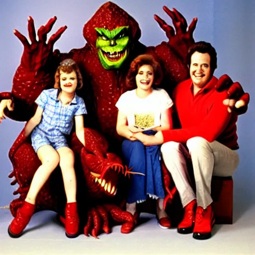 Prompt: vintage 1 9 8 0's sitcom publicity photo, a happy photogenic family and a large giant evil demonic horrifying angry detailed monstrous demon creature inside a 1 9 8 0's sitcom living room