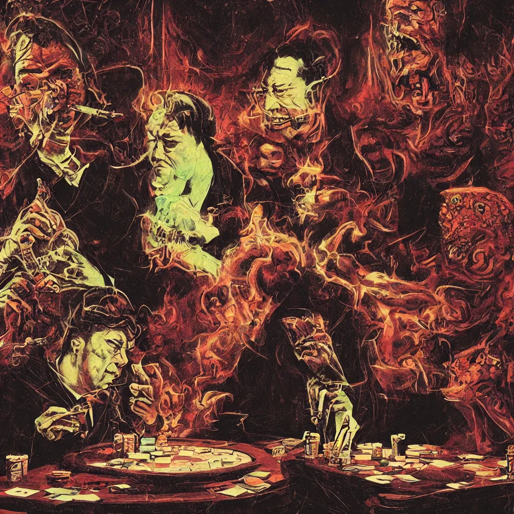 Image similar to portrait of bill hicks playing poker and smoking, in the art style of virgil finlay, paul lehr, frank kelly freas, wayne barlowe, bob pepper, wally wood, moebius, h. r. giger, frank frazetta, richard m. powers. digital art, concept render.