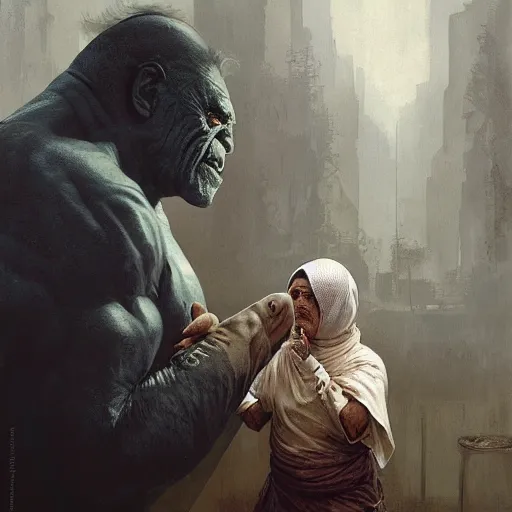 Image similar to a hyper realistic painting of mother theresa and hulk hogan, by greg rutkowski and santiago caruso,