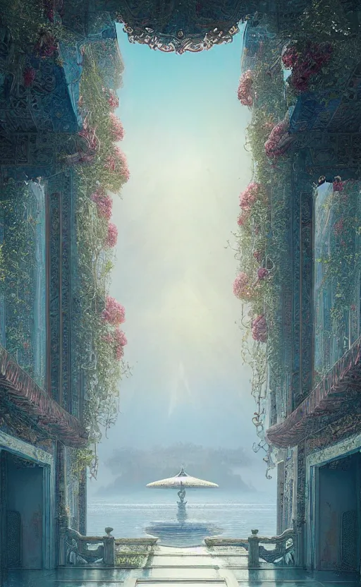 Prompt: vanishing point, palace covered with aqua blue roses like the forbidden city in distance on a lake, viewed from afar, stephen bliss, misty, unreal engine, fantasy art by greg rutkowski, loish, ferdinand knab, and lois van rossdraws,, global illumination, radiant light, minimalist, detailed and intricate environment