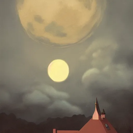 Prompt: a moon shining behind a cloudy night, cool color palette, matte painting in the style of studio ghibli