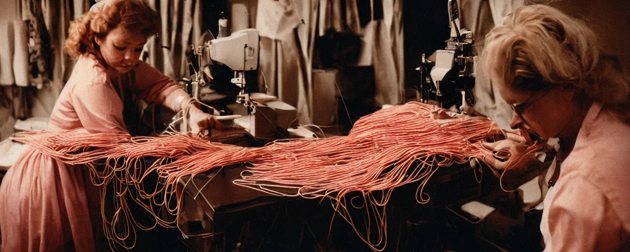 Prompt: a seamstress sewing a dress made of spaghetti, high detailed face, canon 5 0 mm, cinematic lighting, photography, retro, film, kodachrome, closeup