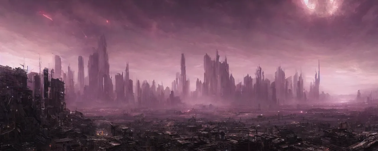 Image similar to giant megacity looming across the landscape, dystopian, post apocalyptic, the sky is purple, very detailed concept art, matte painting, digital art, concept art, realistic beautiful, trending on artstation, greg rutkowski