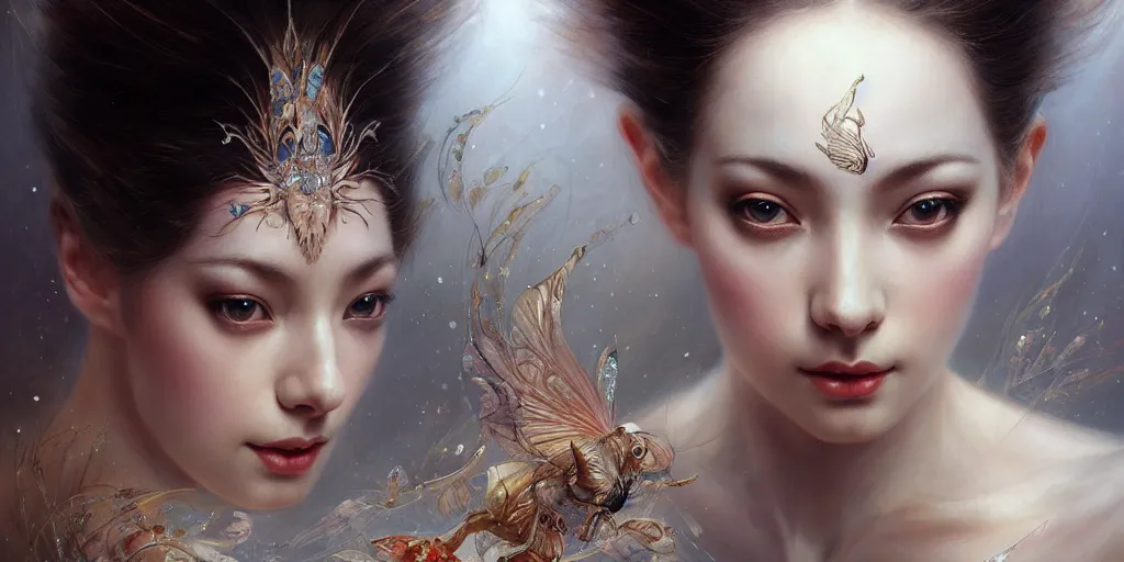 Image similar to a portrait of a female ballerina by karol bak and jia ruan, beautiful detailed eyes, cute, fantasy, intricate, elegant, highly detailed, digital painting, 4 k, hdr, concept art, detailed jewelry, smooth, sharp focus, illustration, art by artgerm