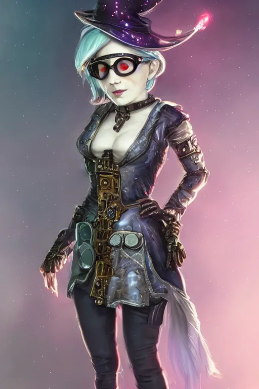 Prompt: beautiful full body portrait of a female cyberpunk gnome silver, wearing a fancy velvet tunic, steampunk goggles, by wlop and artgerm, steampunk! fiction, detailed deep black eyes, starry background, trending, on artstation.