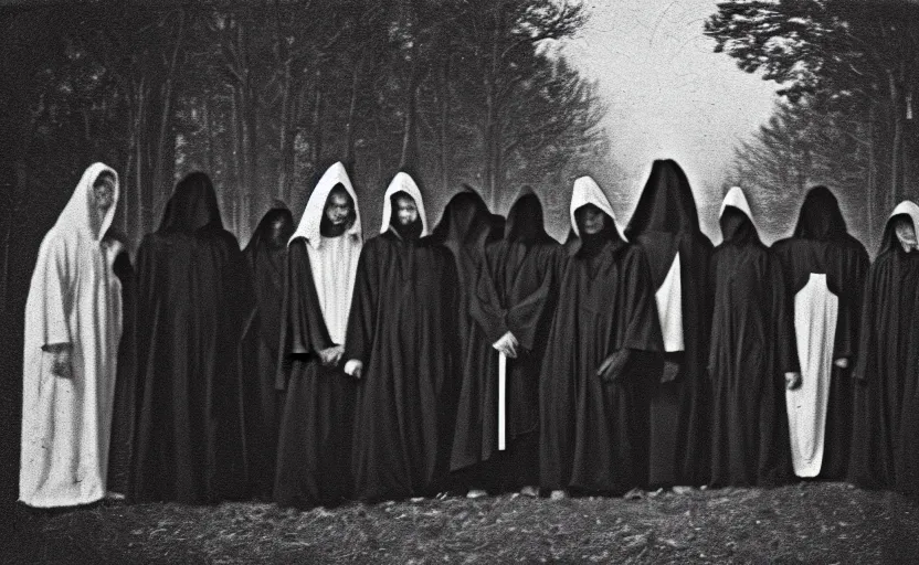 Prompt: a old grainy 1 8 0 0 s black and white photo of a group of demonic cultists, wearing robes, wearing hoods, performing a ritual, grainy, old photo, golden ratio, scary, horror photography, 5 0 mm lens, f 1. 8