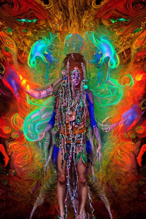 Prompt: full body psychedelic shaman with trinket necklace, epic angle and pose, symmetrical artwork, 3d with depth of field, blurred background, cybernetic jellyfish robotic face skull ayahuasca, translucent, fungus, energy flows of water and fire. a highly detailed epic cinematic concept art CG render. made in Maya, Blender and Photoshop, octane render, excellent composition, cinematic dystopian brutalist atmosphere, dynamic dramatic cinematic lighting, aesthetic, very inspirational, arthouse, Greg Rutkowski, Ilya Kuvshinov, WLOP, Stanley Artgerm Lau, Ruan Jia and Fenghua Zhong