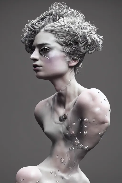 Image similar to an epic non - binary model, subject made out of cracked porcelain with oozing bubbles bursting out, delicate, beautiful, intricate, black and white colors, with pastel pink highlights, melting, houdini sidefx, by jeremy mann and ilya kuvshinov, jamie hewlett and ayami kojima, trending on artstation, bold 3 d