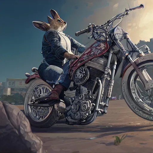 Prompt: highly detailed portrait of a biker rabbit in gta v, stephen bliss, unreal engine, fantasy art by greg rutkowski, loish, rhads, ferdinand knab, makoto shinkai and lois van baarle, ilya kuvshinov, rossdraws, tom bagshaw, global illumination, radiant light, detailed and intricate environment