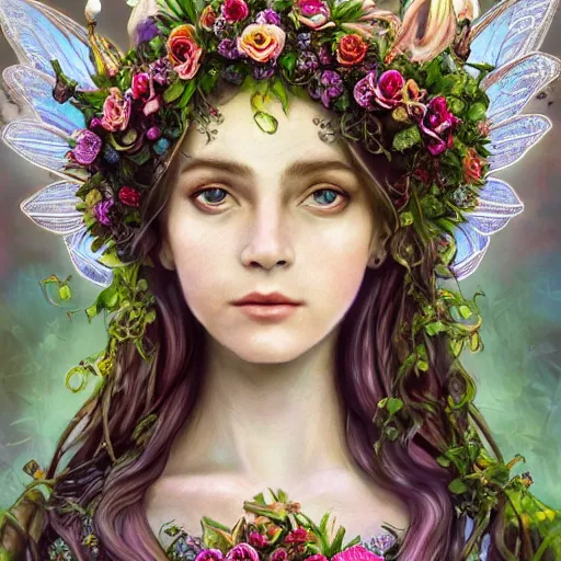 Image similar to Beautiful garden witch goddess, ornate fairy crown, california girl, wearing a flowing dress, lots of flowers, symmetrical face, art nouveau, portrait, cute, playful, fairy, harper's bazaar, pearlescent, sacred geometry, detailed background, featured on artstation, by Daniel Gerhartz, by ross tran, bright pastel colors, face by artgerm, by Kelly McKernan, by Charlie Bowater, by Laura rubin, 8k