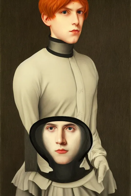 Image similar to portrait of beautiful young gothic boy whit readhead, some cyber, the middle ages, highly detailed, artstation, illustration, art by rene magritte