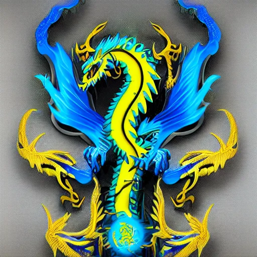 Prompt: illustration neon blue and yellow chinese dragon with ukraine background. trending on artstation