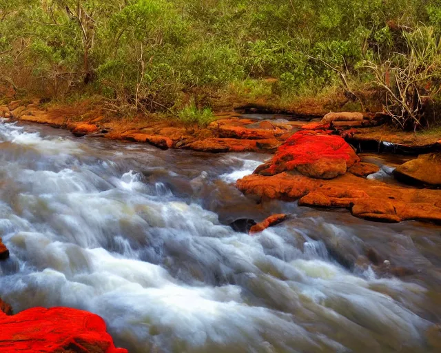 Prompt: A photorealistic painting of Karkloof Nature Reserve with a red stream of water