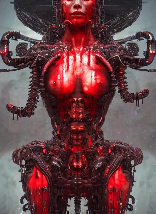 Prompt: cyborg goddess face, red liquid dripping from above, 8k details, high details, sinister vibe, dark room, many wires attached to her, rib cage exposed, bodies in the back, menacing look, octane render, hyper realistic by h.r. giger and peter mohrbacher