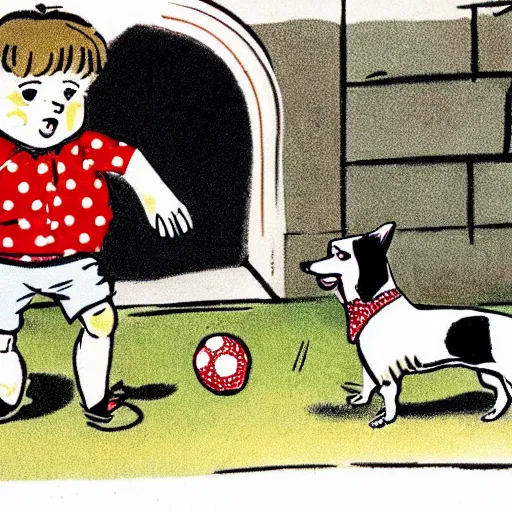 Image similar to illustration of french boy on the streets of paris playing football against a corgi, the dog is wearing a polka dot scarf, comic, 1 9 6 6