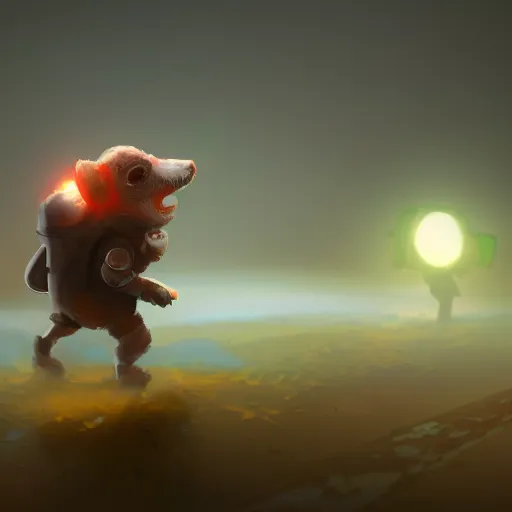 Prompt: a little guy roaming the world ,concept art trending on artstation, full body ,devainart,atmospheric, 8k ,HD ,glowing effect, foggy