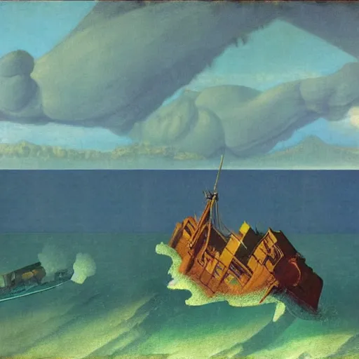 Prompt: a shipwreck at the bottom of the sea by Raphael, Hopper, and Rene Magritte. detailed, romantic, enchanting, trending on artstation.