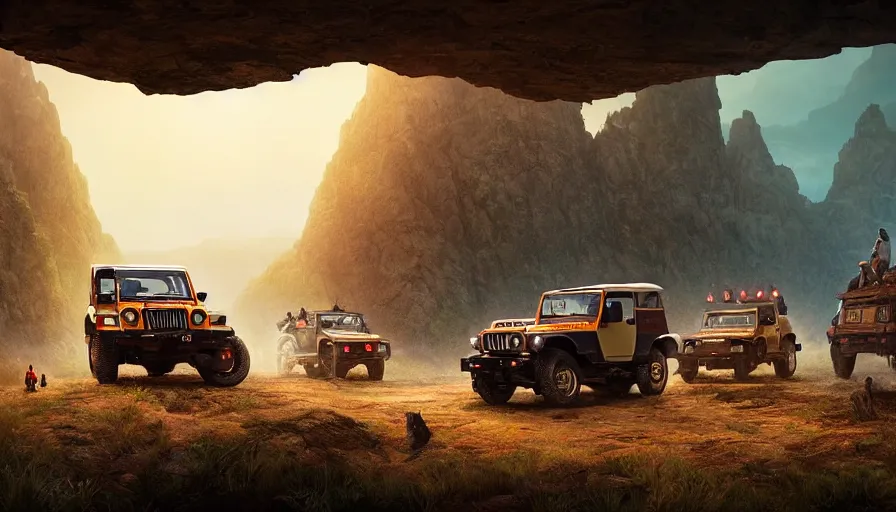 Prompt: Mahindra thar, tribe members watching nearby, an epic fantasy, dramatic lighting, cinematic, establishing shot, extremely high detail, photorealistic, cinematic lighting, cgsociety, by simon stalenhag, horizon forbidden west