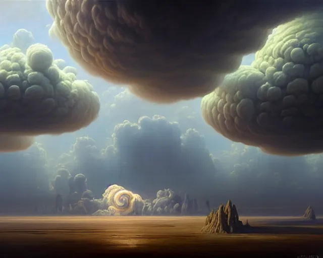 Image similar to a hyper - detailed 3 d render like a oil painting of venusian cloud farming, surrealism!!!!! surreal concept art, lifelike, photorealistic, digital painting, aesthetic, smooth, sharp focus, artstation hd, by greg rutkowski, bruce pennington, valentina remenar and asher duran,