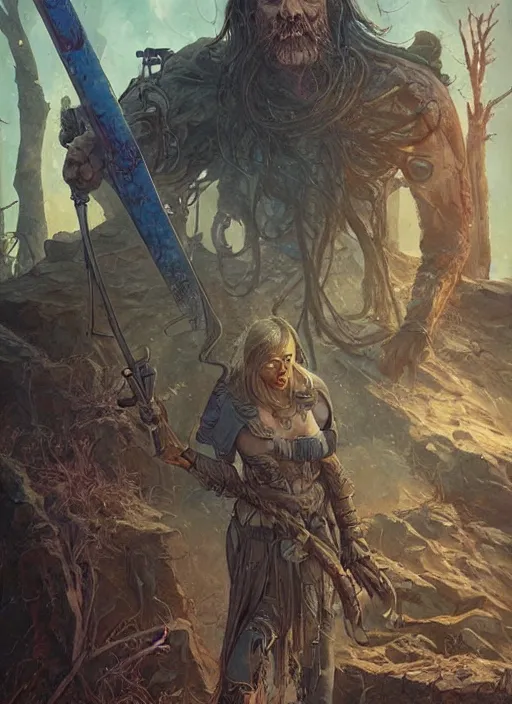 Prompt: hyper realistic photography portrait of postapocalyptic medieval religious occult amazon cinematic, brom, moebius, juan gimenez, peter mohrbacher, james gurney