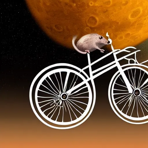 Prompt: a stainless steel bike, made of swiss cheese wheels, a cartoon rat cycling on the surface of the moon and, photorealistic