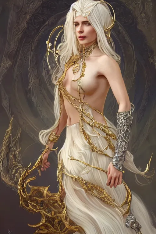 Image similar to fullbody!! of a beautiful woman with long white hair, big natural horns on her head, long flowing intricate dress, gold jewellery, dnd, face, fantasy, intricate, elegant, highly detailed, digital painting, artstation, concept art, smooth, sharp focus, illustration, art by artgerm and greg rutkowski and alphonse mucha