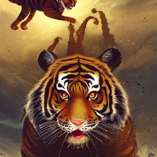 Prompt: tiger made of electricity flying in the sky ; cat flying in the sky ; panther flying in the sky ; humans being devoured ; aliens, robotic machines, gods, bio - mechanical intelligences, glitch creatures, dmt entity ; lsd art, trending on artstation, style greg rutkowski