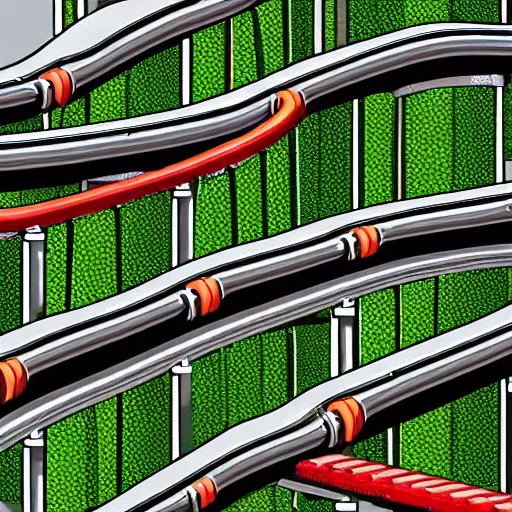 Prompt: isometric photo of cutely illustrated aqueducts waterslides and black matte conveyor belt rollers wide system are the main methods of transport in cannabis city cbd capital of australia
