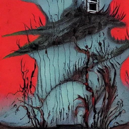 Image similar to grunge painting of a landscape by dr seuss | horror themed | creepy