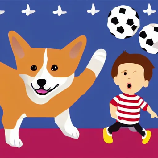 Image similar to illustration of french boy in paris playing football against a corgi, the corgi is wearing a polka dot scarf