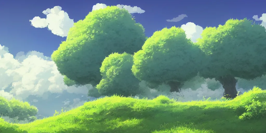 Image similar to landscape, summer, morning, beautiful cloud, quiet, no people, Ghibli, Anime Background, Miyazaki Hayao, concept art, illustration,smooth, sharp focus, intricate, super wide angle, trending on artstation, trending on deviantart, pixelart