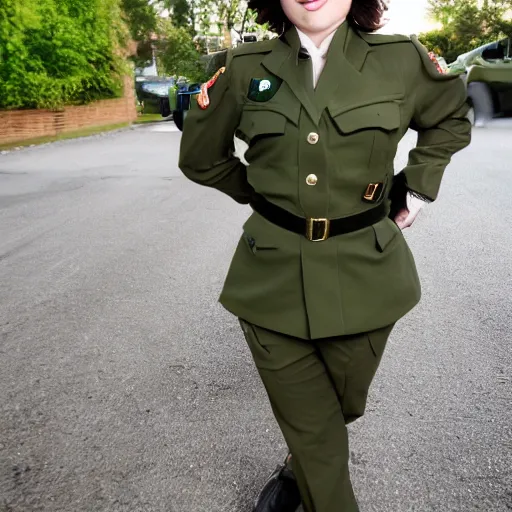 Image similar to brunette woman, short hair, flipped out ends, bright green eyes, military uniform, smirk