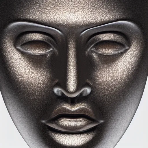 Image similar to 3 d sculpture made of liquid metal by zaha hadid enveloping a realistic female face, white background