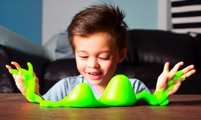 Image similar to kid playing with slime monster, realistic, toy commercial photo