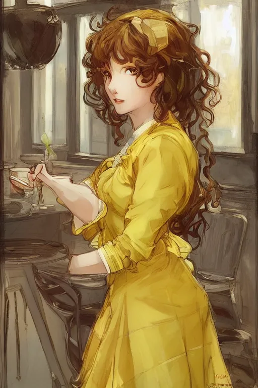 Prompt: A girl in a maid's outfit in a cafe a afternoon, wavy hair yellow theme,S line,45 angel by krenz cushart and mucha and trnyteal