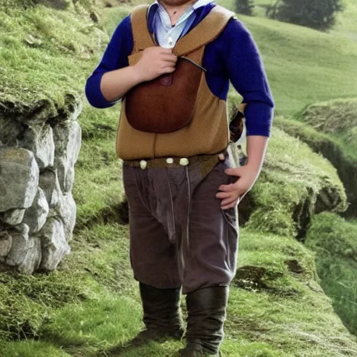 Prompt: pudgy British teen with short curly dark brown hair as a hobbit wearing a white men's crossbody sling chest bag and blue vest